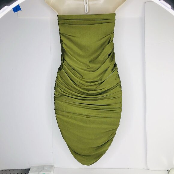 Bandeau Ruched Knees Length Dress Olive Green Cocktail Date Night Event Elastic - Picture 5 of 7